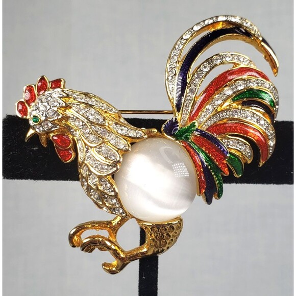 Vintage Moonstone Jelly Belly Body Enamel Crystal Rhinestone Rooster Brooch - Picture 4 of 13